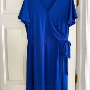 NWOT Susan Graver Speedboat Blue Liquid Knit Faux Wrap Midi Dress